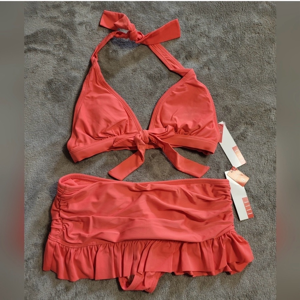 Elle Coral Orange Bikini Halter Top Skirtini Bottom Bikini 8 M $80 NWT